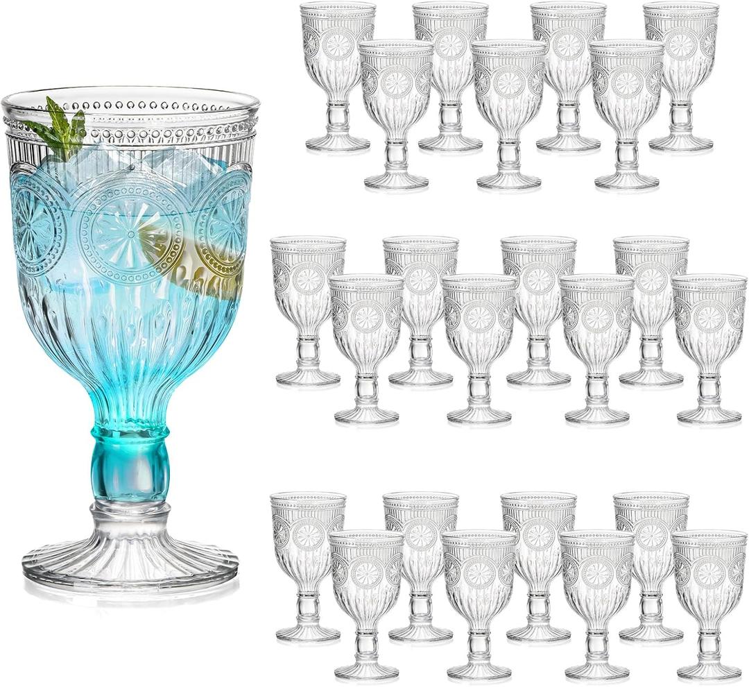 12 Oz Vintage Wine Glasses Goblets Drinking Glasses Sunflower Embossed Glassware Plastic Champagne Flutes Unbreakable Wedding Toasting Glasses Party Wine Cups for Bridal Shower Party (24, Clear)