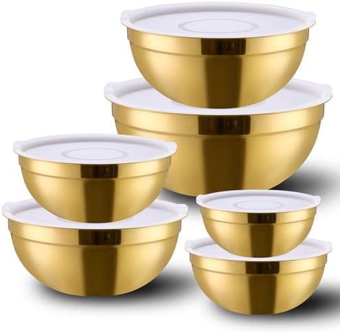 DINYWOW 6 Piece Gold Mixing Bowls Set With Lids for Kitchen - Stainless Steel Ideal for Baking, Prepping, Cooking and Serving Food - Nesting Metal Bowls for Space Saving Storage