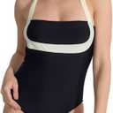 TIDAL LAU Women's Tummy Control One Piece Beige Hater Strap Swimsuit Color Block Push Up Bathing Suit High Waist Swimwear, Size: M