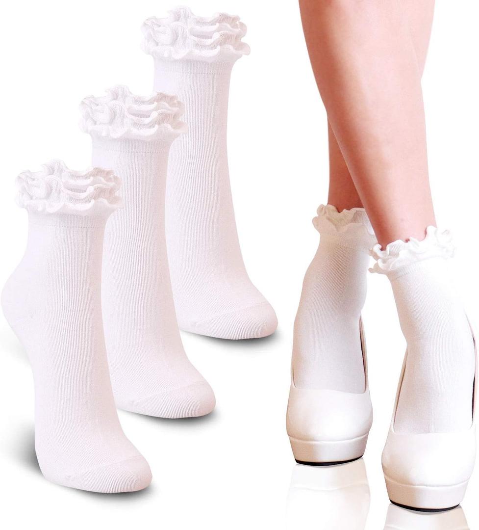 Youneedthat Women's Double Ruffle Frilly Ankle, Crew Socks Cotton Lettuce Lace Trim Big Girls (Pack of 3/5)