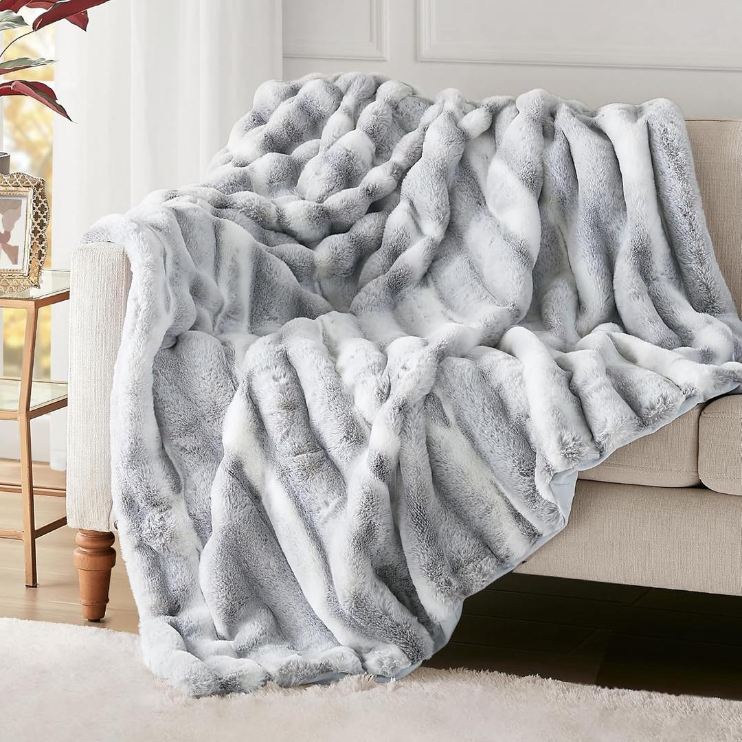 Hyde Lane Luxury Fluffy Faux Rabbit Fur Throw Blanket - Ultra Soft Cozy Blankets for Sofa, Couch, Bedroom | Warm Thick Fuzzy Throws As a Gift, Snow Lynx, 60"x80"