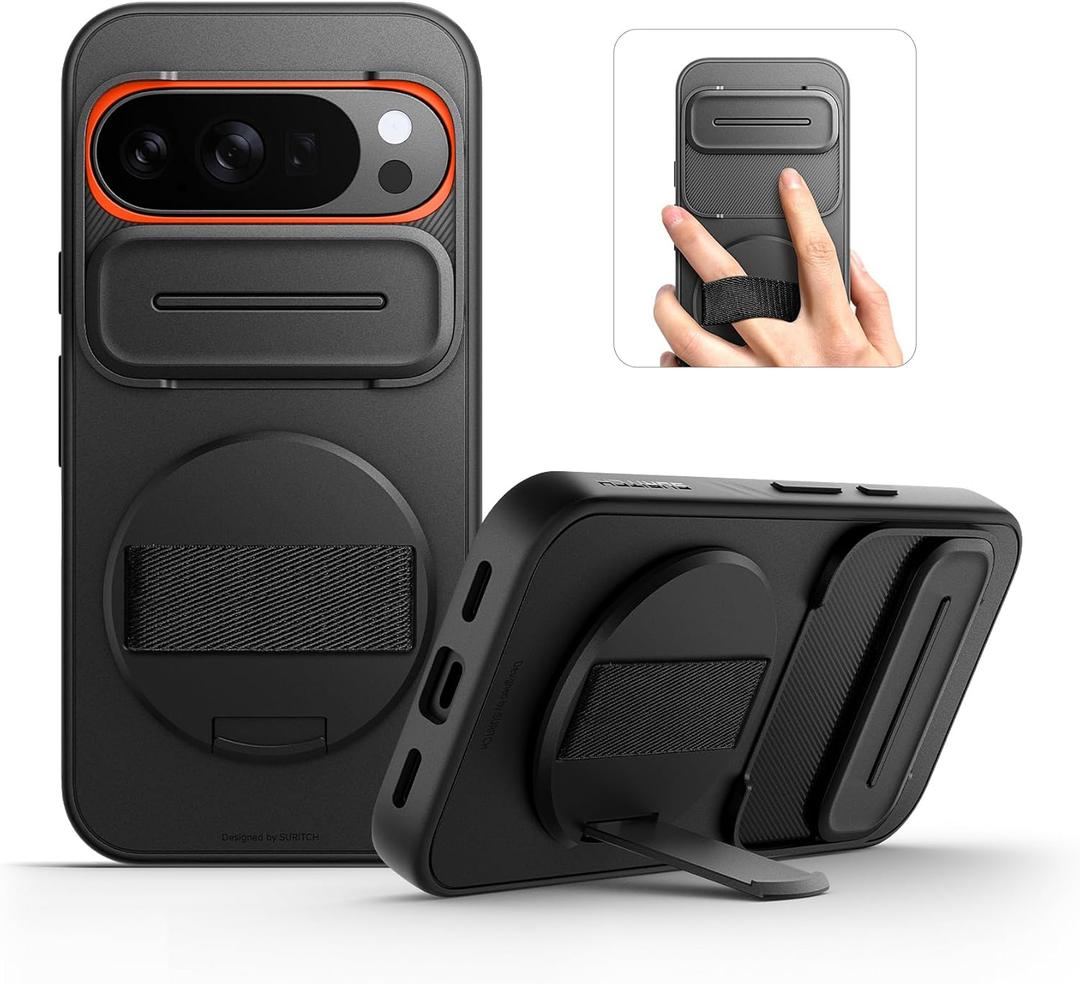 SURITCH for Google Pixel 10 Pro XL Case with 360 Rotatable Hand Strap Phone Grip Holder & Invisible Kickstand & Slide Camera Cover, Protective Cover for Pixel 10 Pro XL -Black