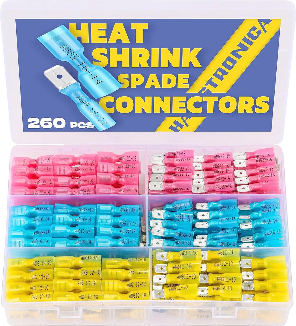 Haisstronica 260PCS Heat Shrink Spade Connectors - Quick Disconnect Female & Male Spade Terminals for Watercraft, Electronics & Automotive (AWG 22-10)