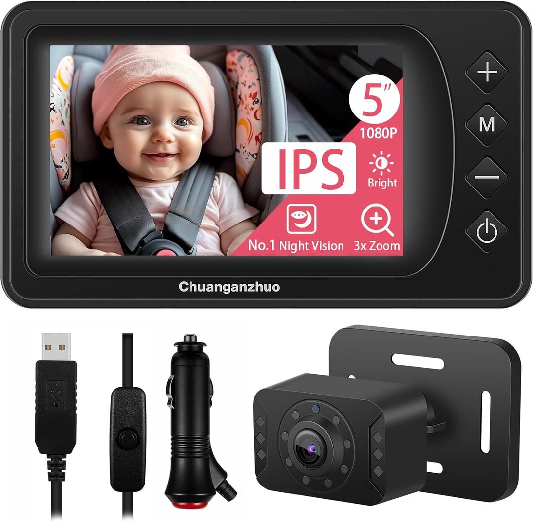 Baby Car Camera with NO.1 Night Vision, 3X Zoom, USB Powered, 5'' HD 1080P IPS Crystal-Clear Car Baby Monitor, Backseat/Carseat Camera for Kids Infants Rear Facing, S100U, 5inch Black