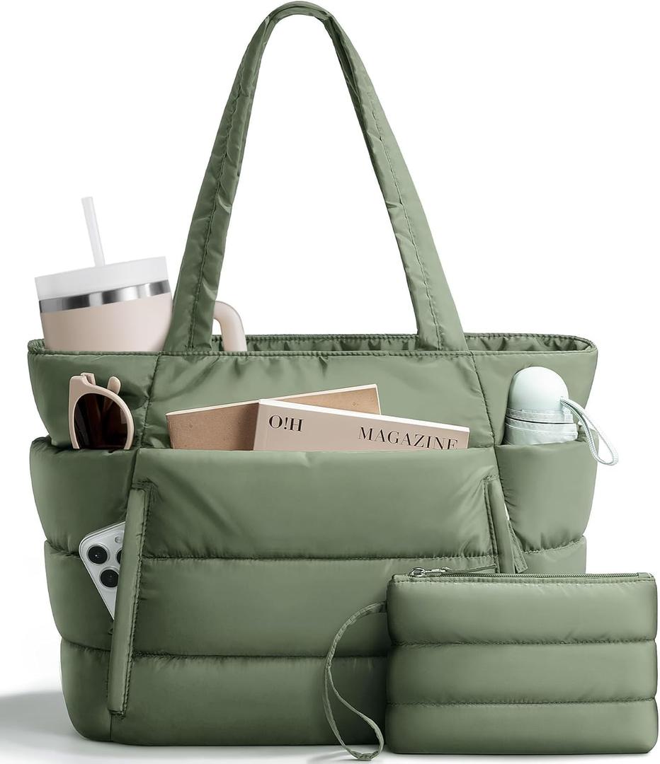 Puffer Tote Bag for Women, Lightweight Puffy Work Handbag Teacher Nurse Quilted Shoulder Bag for School Travel Gym | Cloud Bag w/ Zipper, Daily College Bags, 15.6" Computer Bag, Clinical Nursing Bag, 40 OZ Tumbler Holder, Ideal Gift for Women (Sage Green)