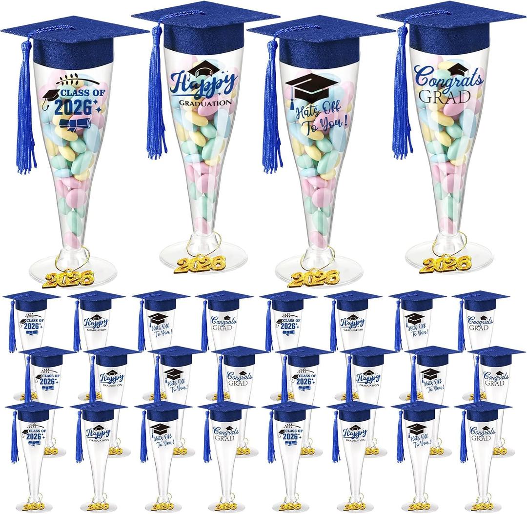 Sawysine 24 Set Graduation Candy Champagne Flutes Table Centerpiece Decoration 6.29'' 2026 Graduation Party Favor 4.5 oz Plastic Grad Cap Jar with Tassel 2026 Pendant Sticker(Royal Blue Hats)
