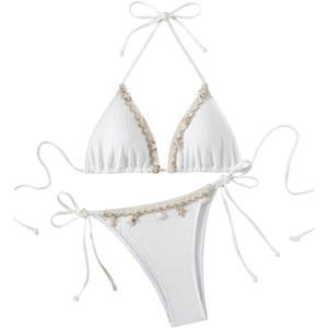 Women's 2 Piece Swimsuit Shell Decor Halter Triangle Bikini Set Tie Side String Thong Bathing Suit, X-Small (White)