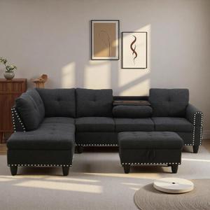 L Shaped Couches for Living Room, Sectional Couch Living Room Furniture with Storage Ottoman, Modular Sectional Sofa with Movable Chaise for Apartment Office, Black Grey