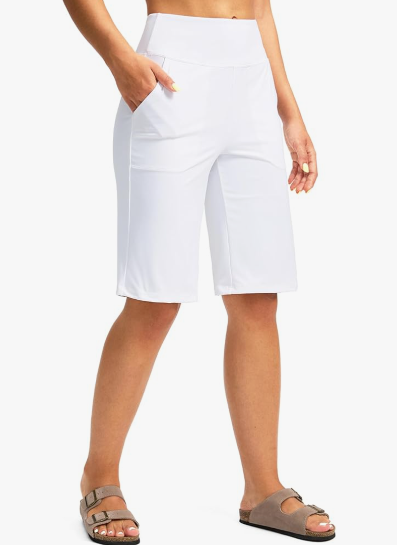 G Gradual Women's Bermuda Shorts 12" Knee Length with Pockets High Waisted Stretch Long Shorts for Women Casual Walking M White