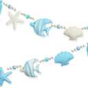 Under The Sea Decorations Pre-Strung Handmade Felt Blue Beige Ocean Fish Starfish Shell Banner Blue Aqua Wool Felt Ball Wooden Beads Tassel Garland for Ocean Beach Shell Mantle Fireplace Home Decor, 4.25.3 inches , 5.25.5 inches