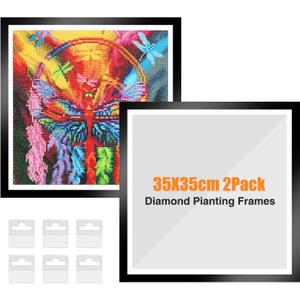 NAIMOER Upgraded 2Pack Diamond Painting Frames for 35x35cm Canvas, Magnetic Art Frame Self-Adhesive With Hooks for Wall Window Door (Black), 13.7x13.7in