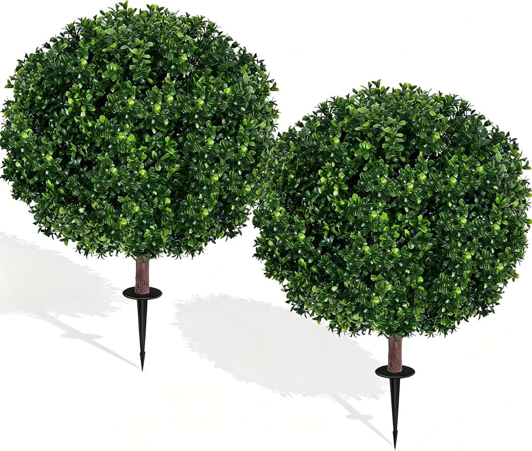27.5" Artificial Boxwood Topiary Ball Tree, Set of 2 Fake Bushes Shrubs with Ground Spike, UV Resistant Faux Evergreen Boxwood Trees for Front Porch Planters Outdoor Garden Decor