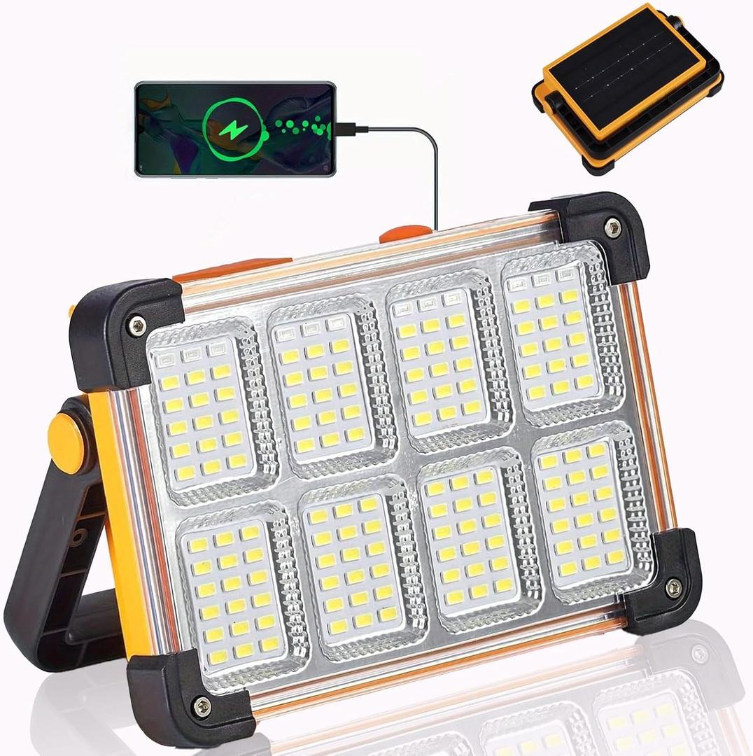 120W LED Solar Work Light, 144 LED 10000LM Portable Flood Light with Stand, 4 Modes Rechargeable, IP65 Waterproof Outdoor Working Light for Camping, Fishing, Car Repair & Mechanics