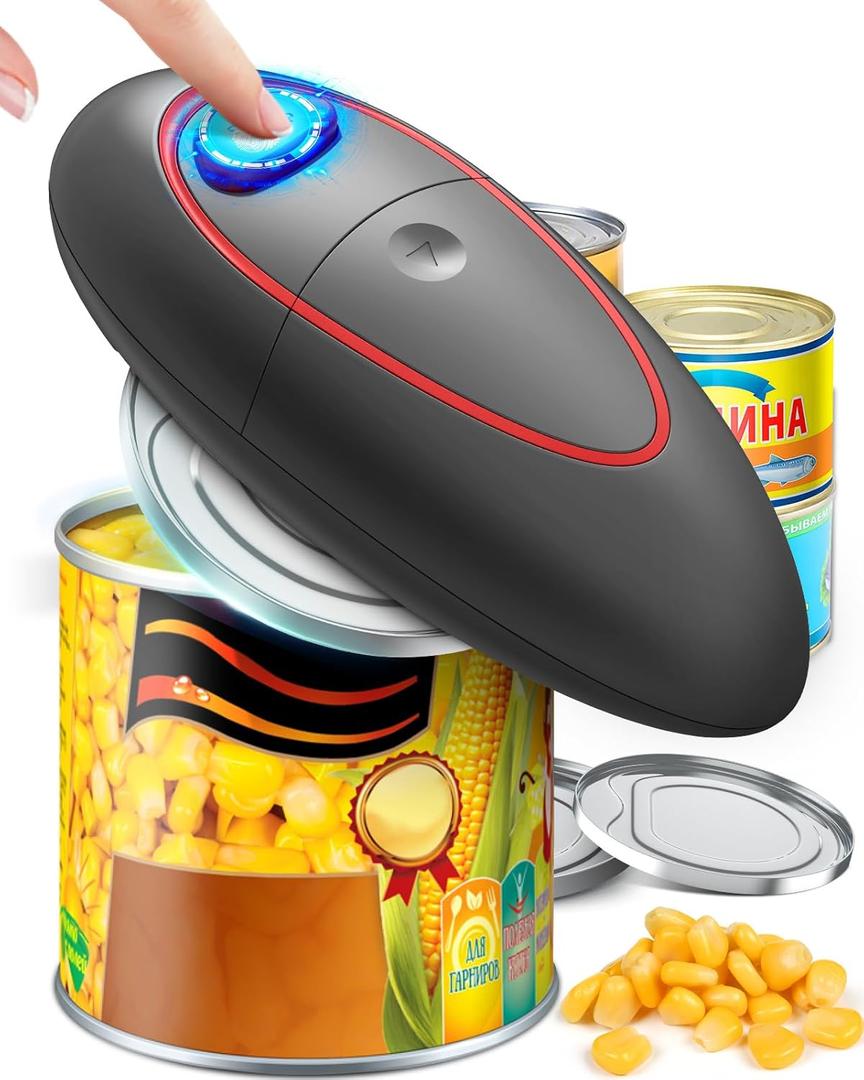 One Touch Electric Can Opener Fits Almost All Can Sizes for Seniors with Arthritis, Hand Held Battery Operated Can Opener with Smooth Edge, Food Safe Kitchen Gadgets Automatic Can Opener for Kitchen (Grey Red)