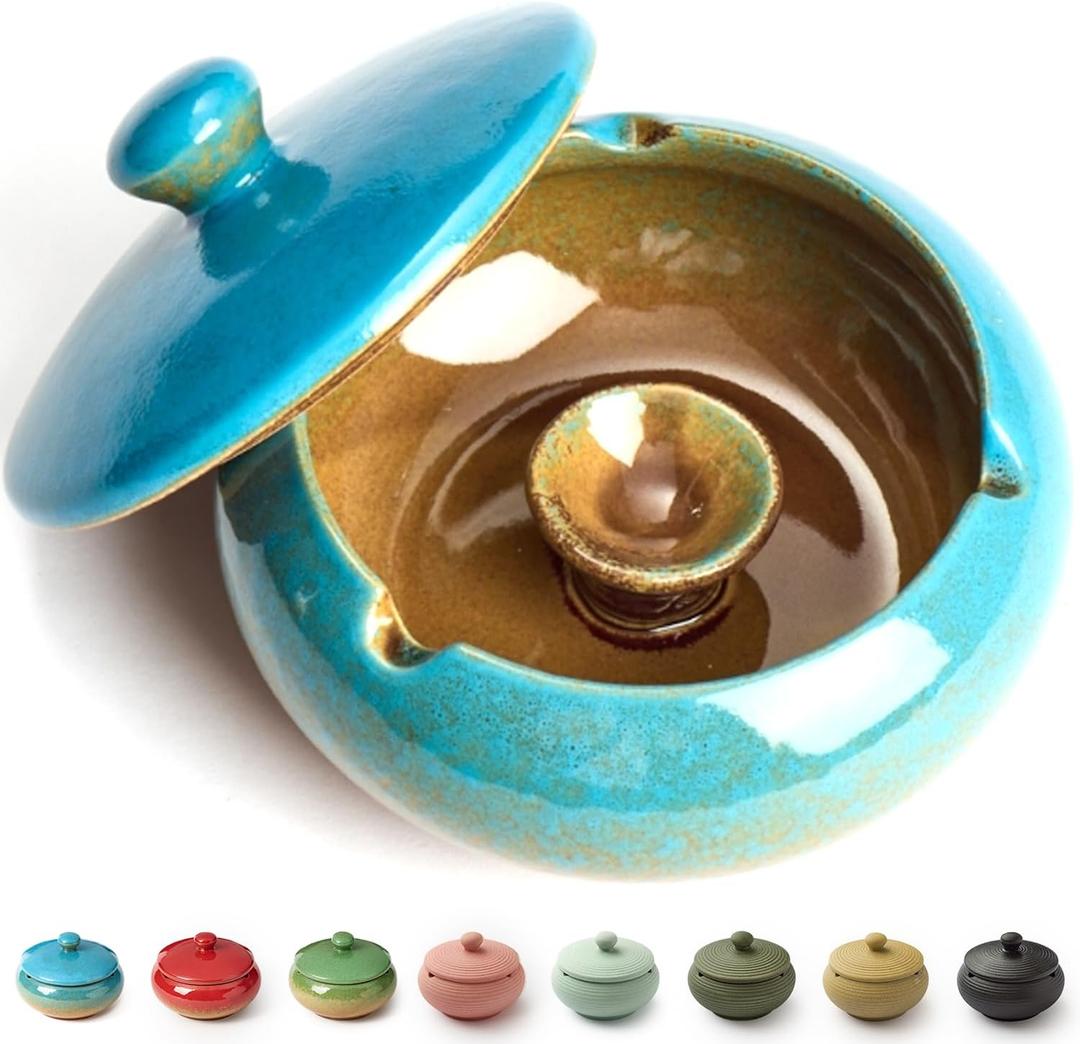 Ashtray with Lid for Outside Patio, Windproof Ash tray, Ceramic Smokeless Ashtray for Outdoor Home Office Tabletop Patio Outdoor Balcony, Blue