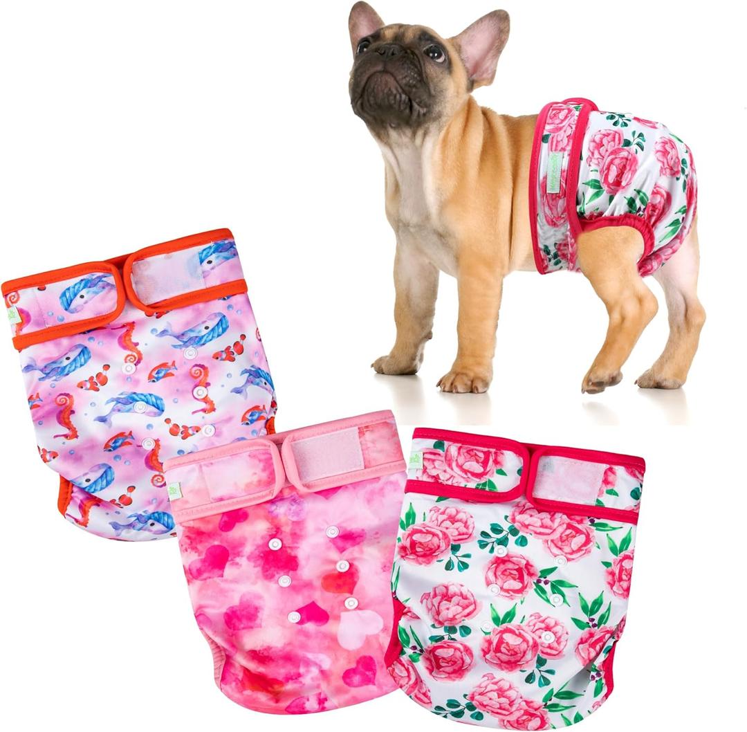 Wegreeco Frenchie Dog Diapers Female No Tail Hole,Washable Pet French Puppy Bulldog Diapers Female for Period Heat,Reusable Doggy Doggie Dog Diapers Ocean of Flowers, Medium