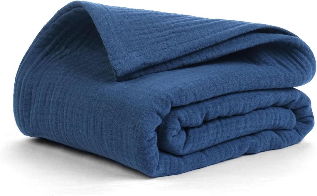 Salt Earth 100% Cotton Muslin Blanket, Gauze Blanket 80"X90" Queen, 4 Layered for Couch, Bed, Living Room,Lightweight & All Seasons Blankets & Throws, Easy to wash,Nature & Skin Friendly(Navy Blue)