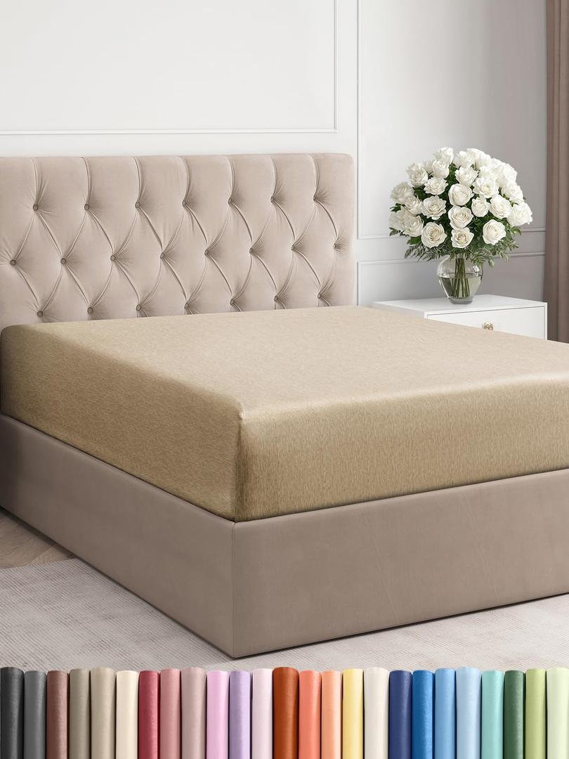 Full Fitted Bed Sheet - Bottom Single Fitted Sheet Only - Ultra-Soft Hotel Luxury Bedding w/ 8-16 Inch Deep Pockets - Breathable & Wrinkle Free - Easy-Care, Fade and Shrink Resistant - Heathered Tan