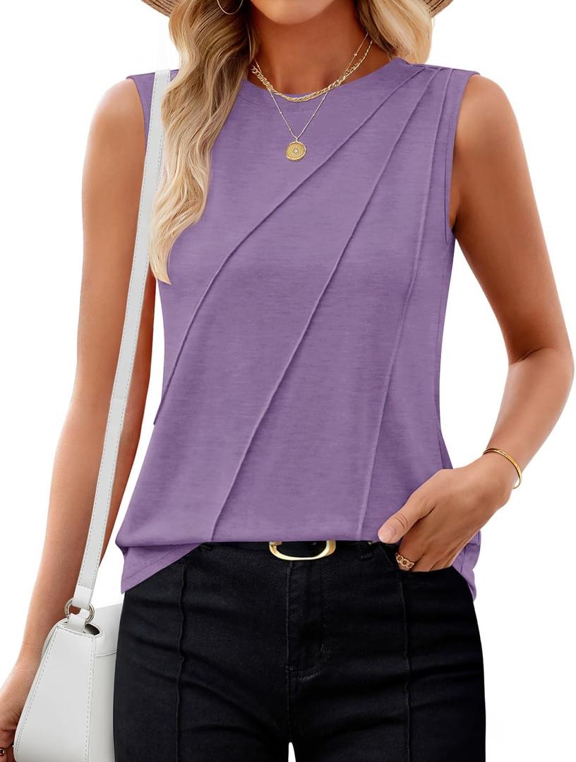 ZESICA Women's Summer Going Out Tops Sleeveless Crewneck Pleated Tank Top (Purple, L)