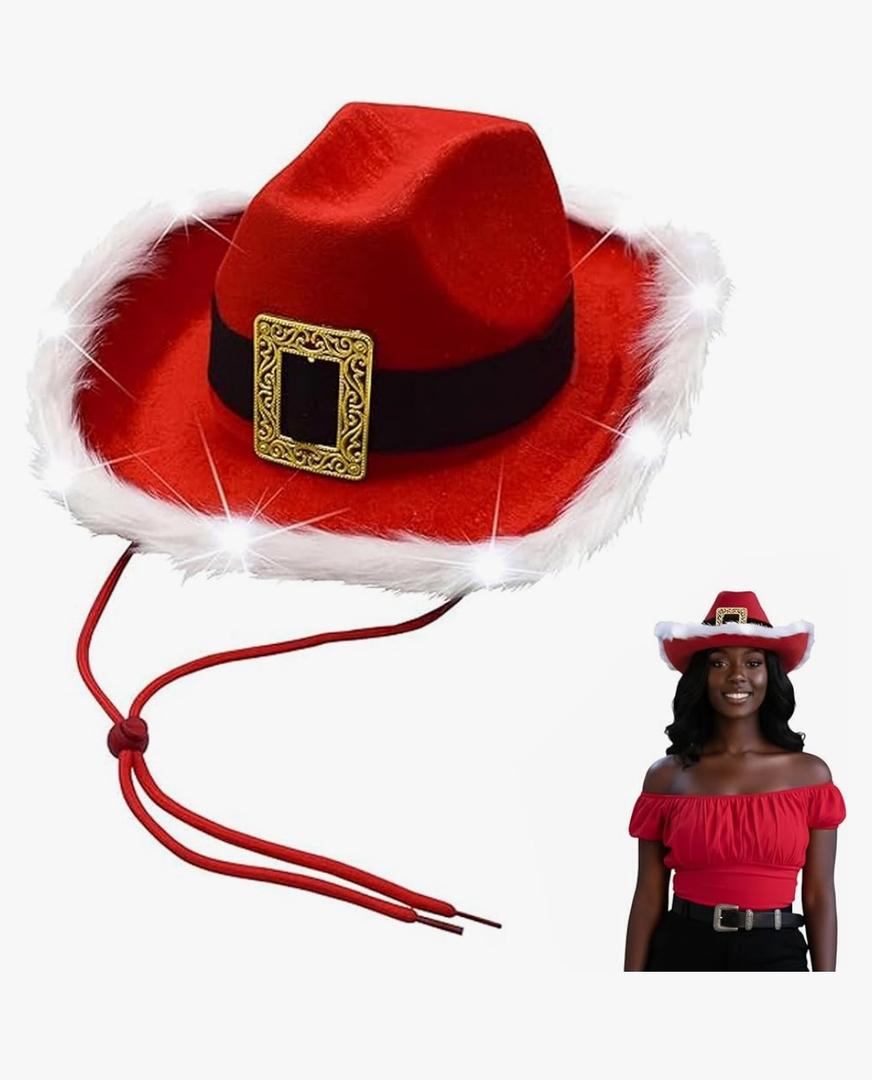 Nicky Bigs Novelties Adult Light Up Santa Claus Christmas Cowboy Hat - Light Up LED Lights Cowgirl Hats - Holiday Western Costume Accessory, Red White, One Size