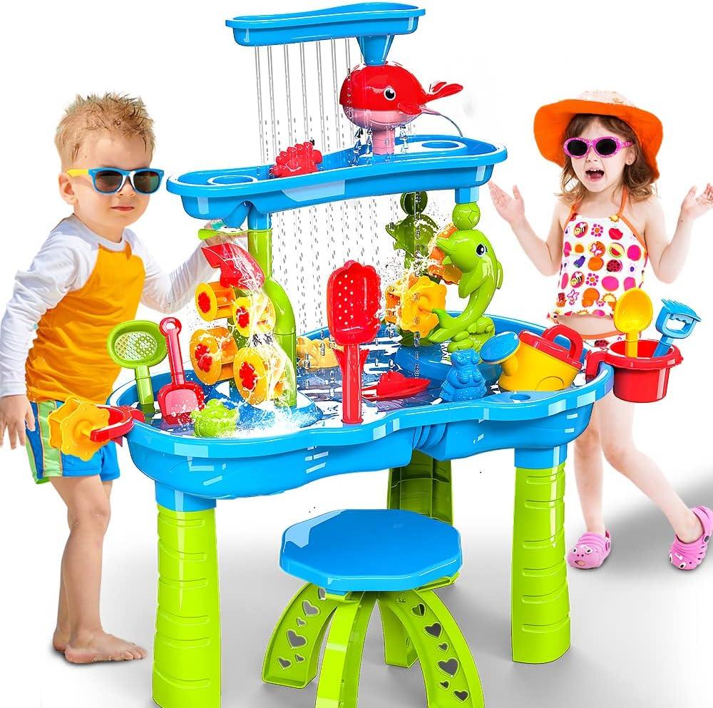 VATOS 3 Tier Sand Water Table, Kids Splash Sand Table Water Toys for Aged 3 4 5 6 7 8 9, Activity Sensory Table Summer Beach Outside Toys for Toddlers Kids