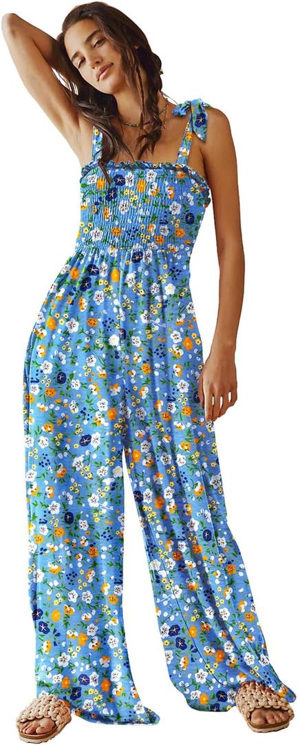 YESNO Women's Casual Overalls Summer Tie Shoulder Smocked Floral Wide Leg Jumpsuits Baggy Rompers with Pockets PZE