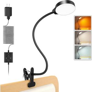 Glocusent 5W Clip on Light, 36LED Eye Caring Reading Light for Bed, 3 Colors & 5 Brightness Clip on Lamp with Adapter, Perfect Reading Light for Bed with Clamp/Bunk Bed/Headboard/Table/Desk (Black)