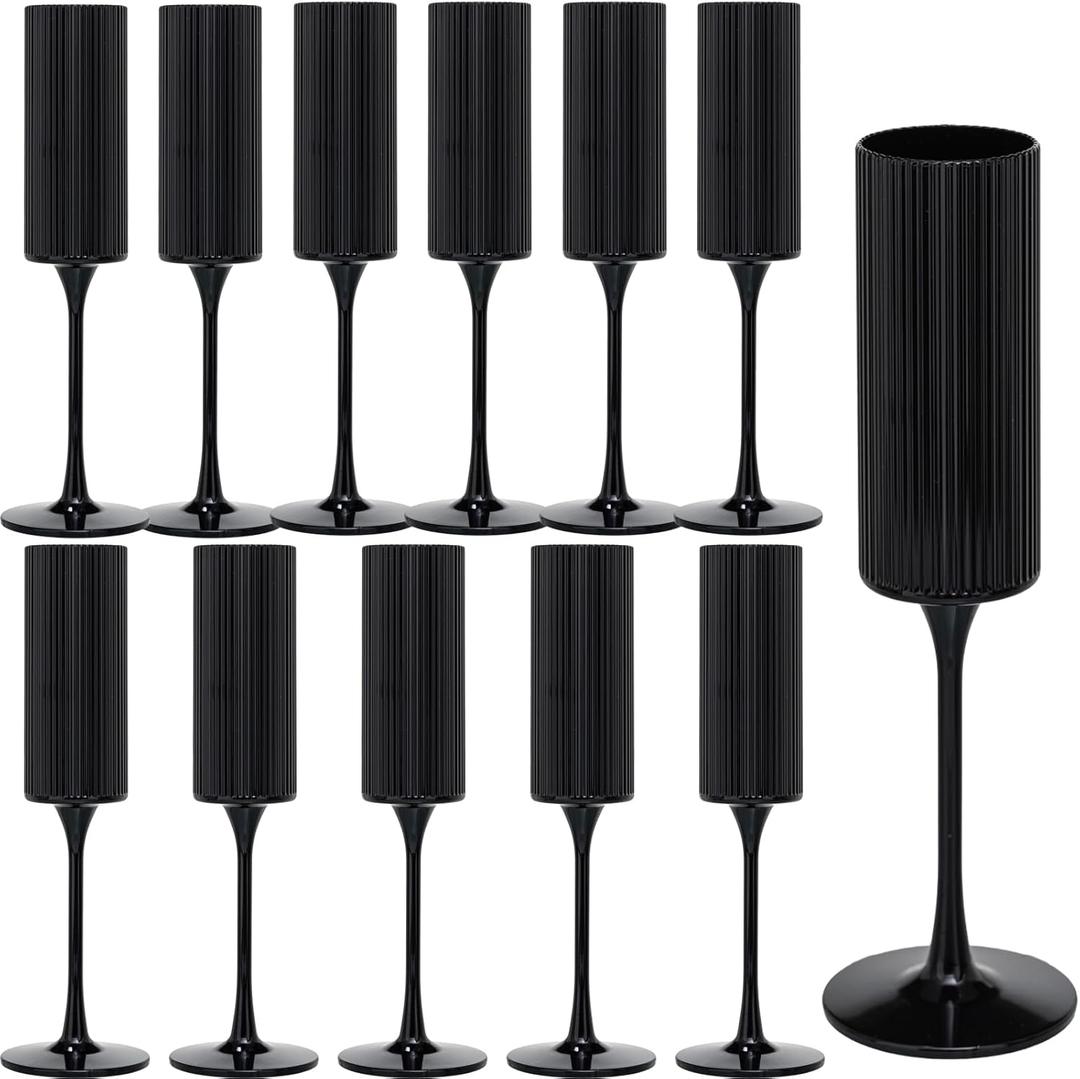 12 Pack Champagne Flutes, 6 OZ Plastic Glasses - Reusable, Elegant for Wedding Reception, Birthday, Toasting, Parties - Vintage Mimosa Stemware with Long Stem, Party Bar Supplies, Vibrant Black