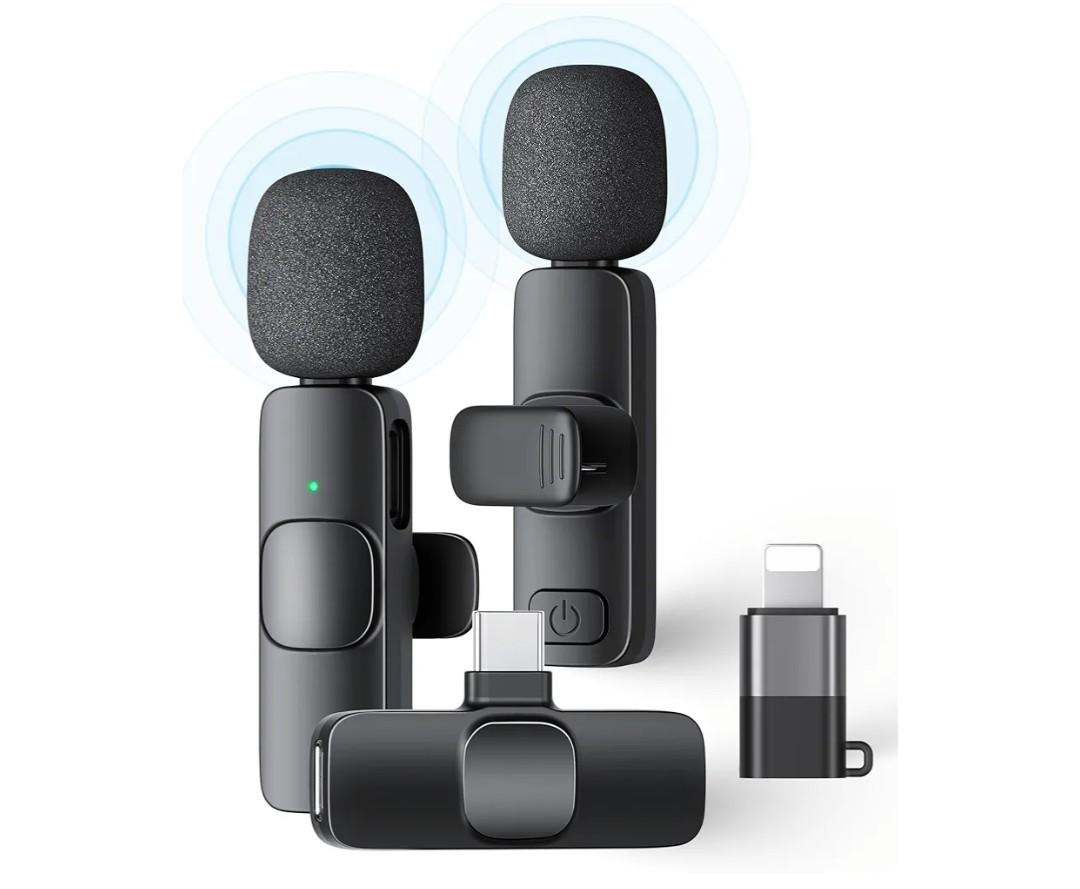 2 Pack Wireless Lavalier Microphone for iPhone iPad and Android Phone, Lapel Mic Plug and Play Wireless Mic Noise Reduction Mini Microphone for Video Recording Interview Podcast Vlog YouTube Tiktok