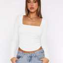 Hafailia Backless Long Sleeve Tops for Women - Casual Y2K Crop Shirts Square Neck Slim Fit Cut Out Workout Tees 2024  (White, XS)