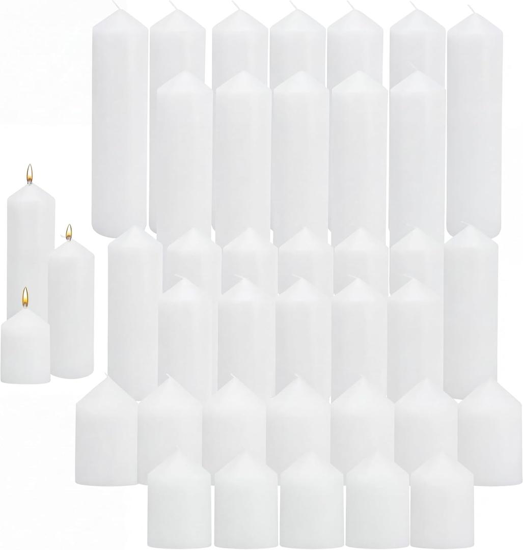 36 Pcs Individually Wrapped Pillar Candles Bulk, 2x3 2x6 2x8 Inch, Unscented Dripless Smokeless, Hurricane Candles for Wedding Party, Spa, Home Decor (36 White Pointed-tip, 2 x 3/6/8 Inch)