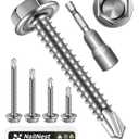 110PCS #8 Self Drilling Screws Assortment Kit, 5 Common Size Self Tapping Screws for Metal, 410 Stainless Steel Hex Washer Head Sheet Metal Screw, Bright Finish (Silver)