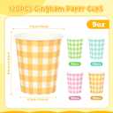 120pcs 9oz Summer Colored Paper Cups Gingham Party Paper Drinking Cups,4 Colors Disposable Plaid Paper Cups Pink Blue Yellow Green Plaid Cups for Wedding Birthday Decoration Baby Shower Picnic