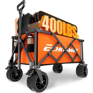 EchoSmile Collapsible Folding Wagon Cart with Compact Storage - 400Lbs Capacity All Terrain Utility Cart for Camping, Beach, Grocery, Garden,Orange