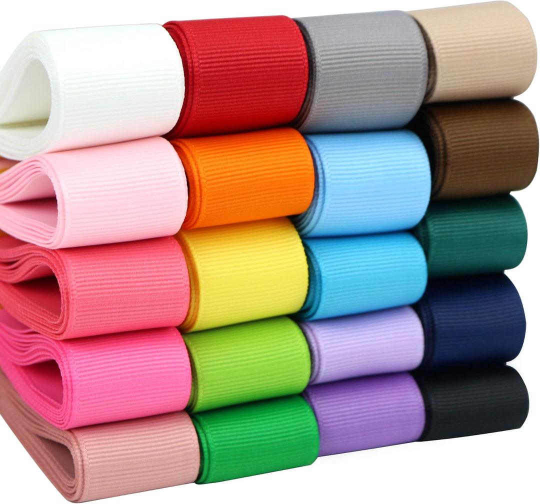 Grosgrain Ribbon 1 inch Ribbon 20 Solid Color Assortment, 1" X 2 Yard Each, Total 40 Yds Per Package, Thin Grosgrain Thick Fabric Ribbons for Crafts, Hair Bow Supplies