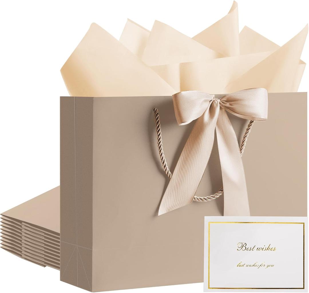 PASEOTA 12.6" Gift Bags Bulk, 10 Pcs Gift Bags with 20 Tissue Paper 10 Greeting Cards, Luxury Bag with Handles for Wedding Birthday Mother's Day (Champagne)