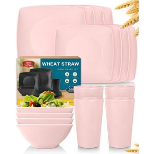Teivio 16-piece Plastic Wheat Straw Square Dinnerware Set for 4, Unbreakable Dinner Plates, Salad Plates, Snack Bowls, Tumblers 13.5 oz, Dishwasher Safe, Kitchen Dinning RV Essentials, Pink