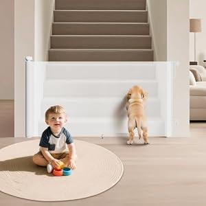 Retractable Baby Gate for Stairs & Doorways, 34" Tall Extends to 55" Wide, Mesh Baby & Pet Gate with Anti-Crawling Hook, Safety Gate for Toddlers, Doorways, Hallways, Indoor, White