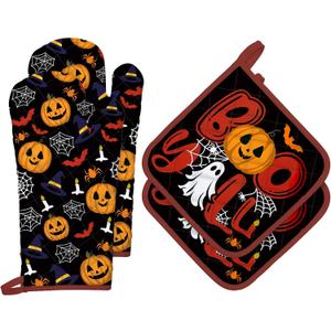 Halloween Pumpkin Oven Mitts and Pot Holders Sets 4Pcs, 100% Cotton Heat Resistant, Extra Long Oven Gloves Potholder for Kitchen Cooking Baking Decoration