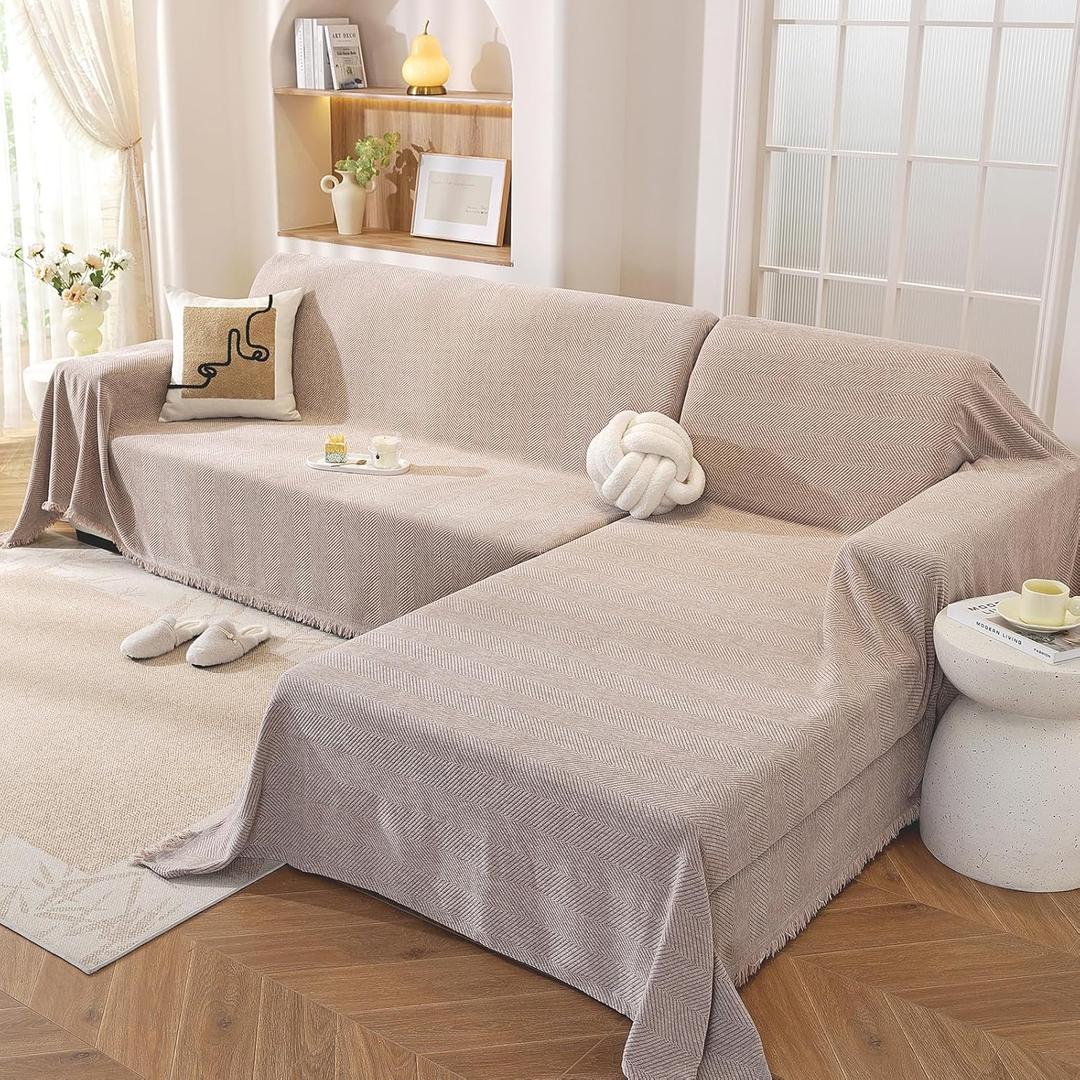OstepDecor Sectional Couch Covers 2 Pieces, L Shaped Couch Cover Blanket, Sectional Sofa Cover Washable, Chaise Lounge Sofa Slipcovers Pet Furniture Protector for Dogs (71"x102"+71"x118", Khaki)