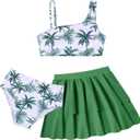 RAISEVERN Girls Swimsuit 3 Piece Bathing Suits Cute Quick Dry Bikini Tankini Sets with Cover Ups Beach Skirt for 5-12 Years (9-10 Years, 007-palm Tree 02)