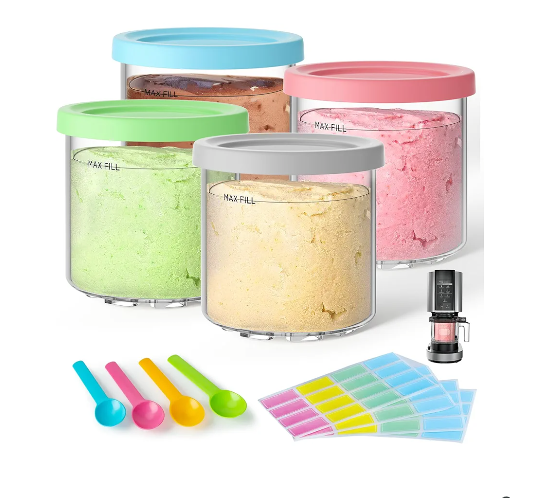 4 Pack Creami Pint Containers and Lids for Ninja, Compatible with Ninja NC299 NC300 NC301 Series Creami Maker Machine Accessories, BPA Free & Dishwasher Safe, Assorted Colors