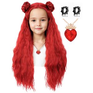 Kids Long Wavy Red Wig with Braided Hair Buns Wigs for Girls Cosplay Halloween Costume Party Including Necklace and Ear Clips (Kids)