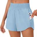 PINSPARK High Waisted Running Shorts for Women 2.5" Mesh Liner Quick Dry Sport Athletic Workout Shorts with Zip Pockets (Medium, Light Blue)