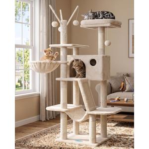 Hey-brother Cat Tree, 53 inch Cat Tower for Indoor Cats, Cat House with Padded Platform Bed, Toy Balls, Large Cozy Condo, Hammocks and Sisal Scratching Posts, Beige MPJ019-SM