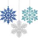 36 Pieces Glitter Snowflake Christmas Decorations Winter Flakes Ornaments Plastic Snowflakes Christmas Tree Hanging Snowflake Decorations for Xmas(Lake Blue, Royal Blue, Silver)