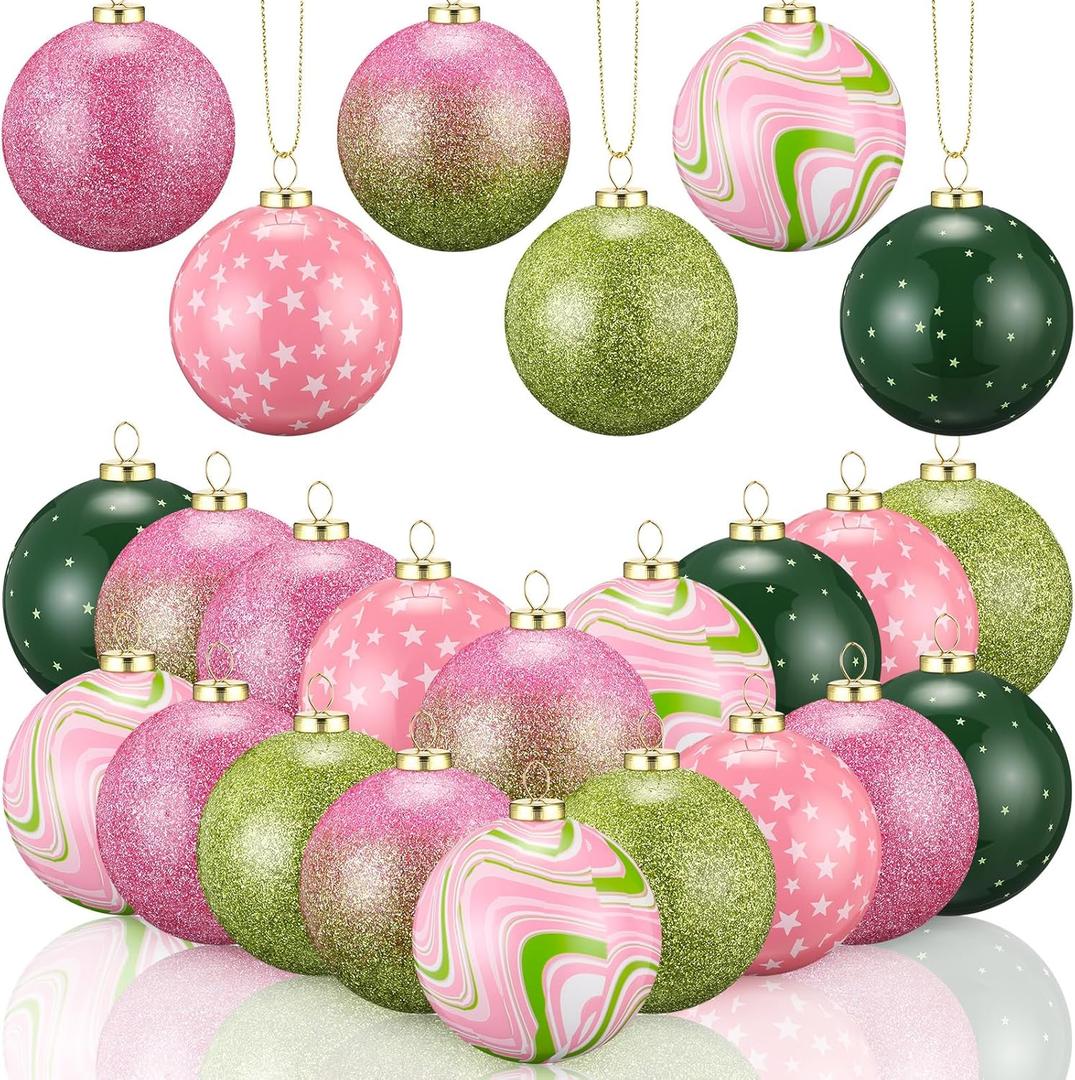 Sosation 24 Pcs Pink and Green Christmas Ball Ornaments 2.4 Inch Glitter Christmas Tree Hanging Ornament Pastel Hanging Bulbs Pendants for Xmas Holiday Party Decoration