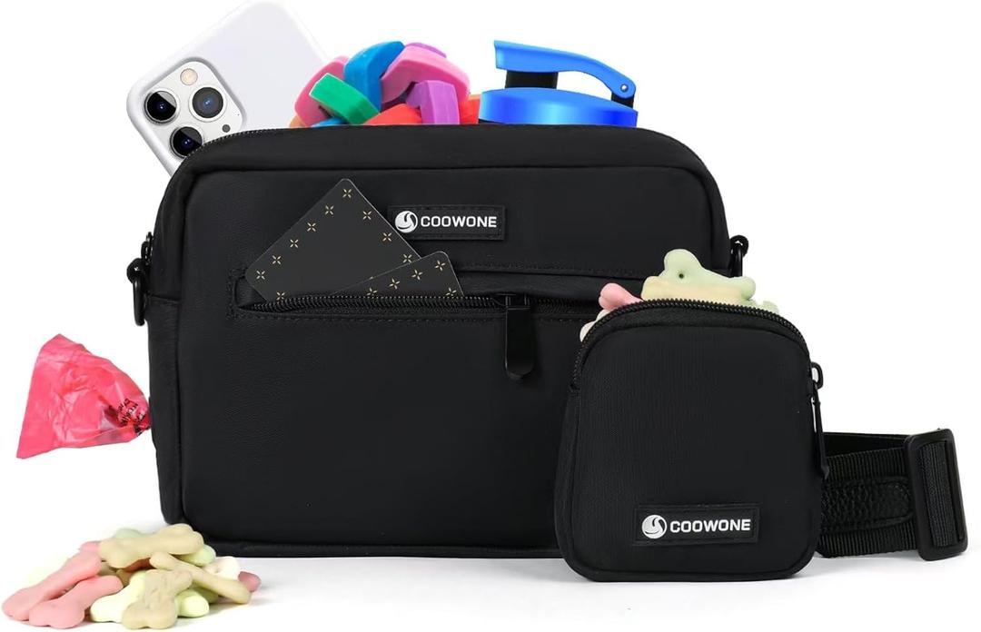 COOWONE Dog Treat Pouch with Removable Small Pet Training Treat Pouches, Built-in Poop Bag Dispenser, Adjustable Shoulder Strap Cross Body Dog Walking Bag (Black)