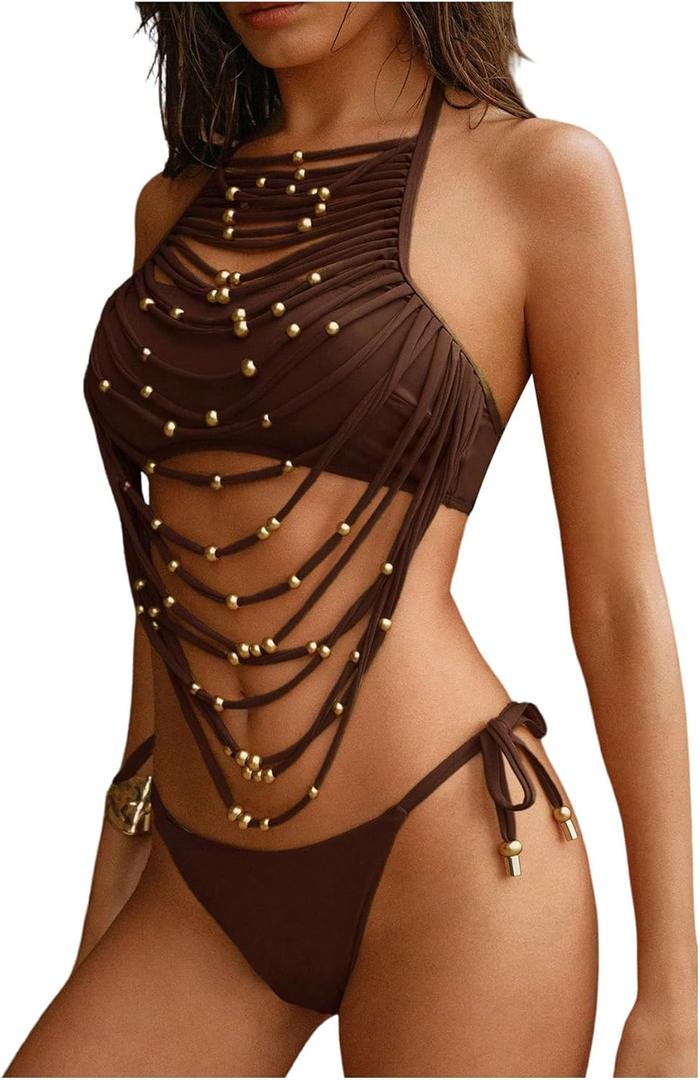 WDIRARA Women's 2 Piece Halter Tankini Set Cut Out Beaded Layered Fringe Tie Side Bathing Suit (Brown, XS)
