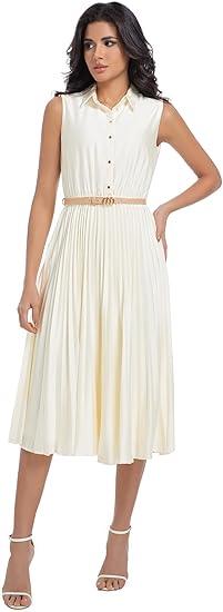 AbleTree Women's Satin Midi Dress Sleeveless Elegant Shirt Collar Pleated A Line Dress with Belt for Office Work Business Casual Wedding Guest Party Beige XL